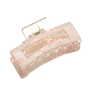 Pink marble acrylic rectangle hair claw clip with golden metal spring for women