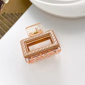 Detail of a rectangular striped hair claw clip with amber resin and gold metal spring