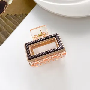 Detail showing the retro striped resin hair claw with a gold spring on white background
