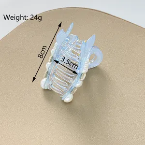 Pinza per capelli a coda di sirena in acrilico blu con perle bianche, stile 8cm