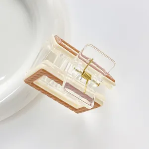 Detail of a square hair claw clip featuring beige and brown stripes with a gold spring