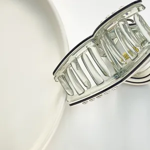 Gros plan d'une mini pince à cheveux transparente avec bords noirs et strass sur assiette
