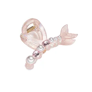 Molletta per capelli a coda di sirena in resina rosa con perle bianche e strass luccicanti