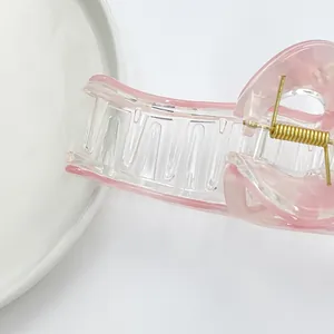 Pink and clear acrylic geometric hair claw clip with gold metal spring on white background