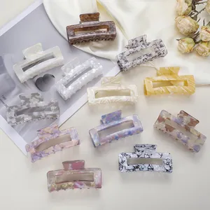 Vintage Acetate Rectangular Hollow Hair Claw Clip For Women Marble Pattern Geometric Hair Accessories Medium Hair Crabs