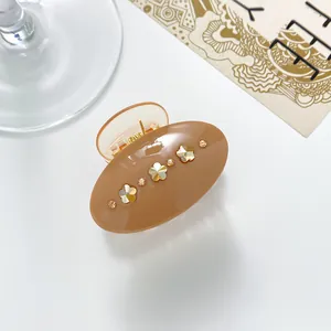 Nahaufnahme der eleganten Haarklammer in Milchteebraun mit goldenen Strassblumen-Details