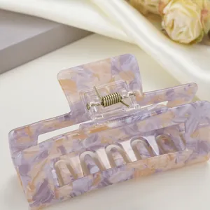Elegant 8cm marble purple acetate hair claw clip with golden metal spring for women