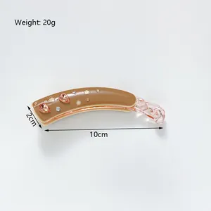 Barrette banane en acétate marron avec cristaux roses et strass pour queue de cheval
