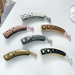 Elegant Acetate Banana Hair Clip Rhinestone Clover Pattern Large Vertical Hair Claw Women Commuting Fashion Hair Accessory