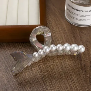Mermaid Tail Hair Claw Clip For Women Iridescent Large Shark Clip With Artificial Pearl Decor Elegant Gradient Acrylic Hair Accessories