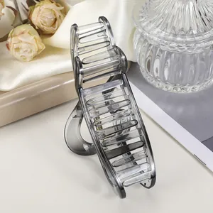 Detailopname van een grote doorschijnende grijze haarklem met elegante metalen veer