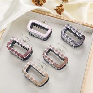 5-piece small rectangle acrylic claw clips with plaid patterns and gold lettering