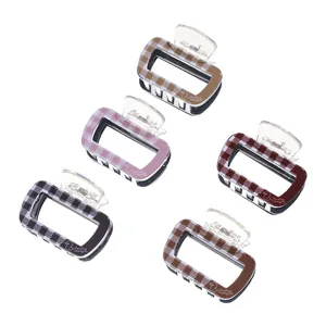 Set of 5 small acrylic checkered hair claw clips in various colors with rectangle hollow design