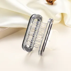 Detail shot of mini rectangular acrylic hair claw clip with black edges and spring detail