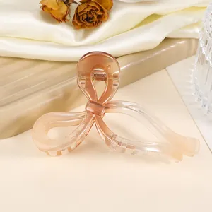 Macro detail of amber-colored acetate hair claw clip with a glossy butterfly shape