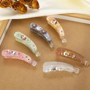 Iridescent Acrylic Banana Hair Clip With Rhinestone Flower Elegant Bow Vertical Hairpin For Women Thick Hair Accessories