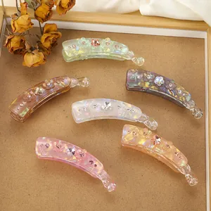 Pince à Cheveux Banane Irisée Élégante Avec Fleurs 3D et Strass Pince Verticale Queue de Cheval Haute Femme
