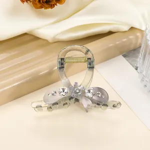 Detailaufnahme einer transparenten Blumen-Haarklammer mit lila Blüten und kleinen Strasssteinen