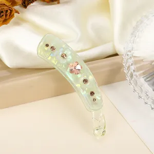 Pince à cheveux banane vert clair élégante avec fleurs en cristal sur soie