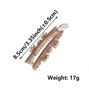 Pince banane marron café 8,5 cm avec fleurs 3D et strass pour queue de cheval haute