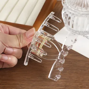 Pinza para el pelo transparente con degradado y resorte dorado sujeta en la mano