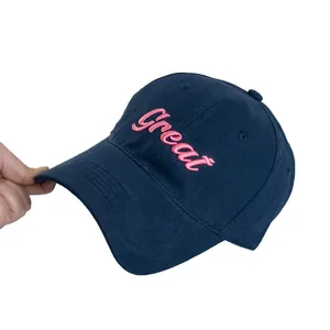 Dark blue baseball cap with pink Great embroidery and reinforced curved brim