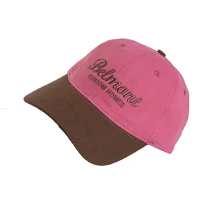 Gorra de béisbol de algodón rosa y marrón con bordado Belmont y visera curva en vista lateral