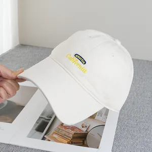 Close-up of vintage American style embroidery on a beige cotton baseball cap with wide brim