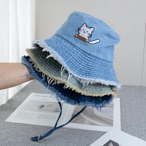 Women Washed Denim Bucket Hat With Cat Embroidery Frayed Edge Sun Protection Wide Brim Fisherman Hat With Windproof Rope