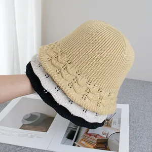 Chapeau Cloche en Tricot Décontracté pour Femmes Bord Ondulé Ajouré Respirant Protection Solaire Couleur Unie Été Voyage