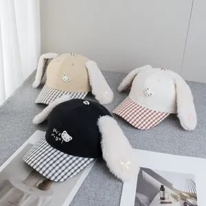 Cute cartoon plush long-eared bunny baseball caps for women with plaid brim and embroidery