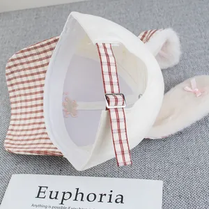 Cute white bunny ears baseball cap with pink bows and red checkered brim detail
