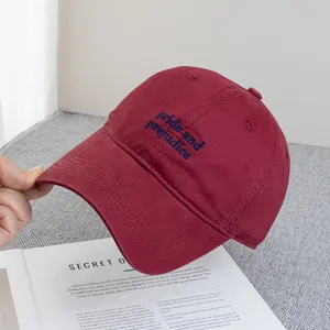 Detail of burgundy baseball cap with blue pride and prejudice embroidery over an open book