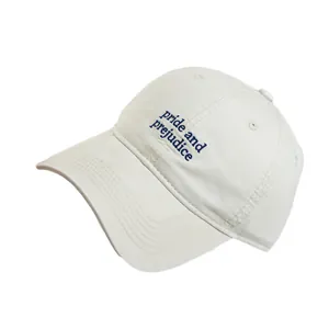 Classic cream baseball cap with blue Pride and Prejudice embroidery on front