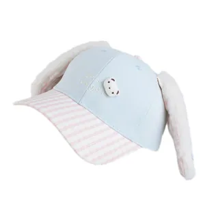 Cute blue plush bunny ear baseball cap for children with let's go embroidery