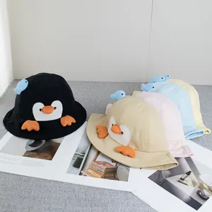 Cute cartoon penguin bucket hats for kids in five soft colors with 3D plush details