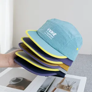 Lightweight five-panel camper hats with contrast trim in multiple colors and embroidery