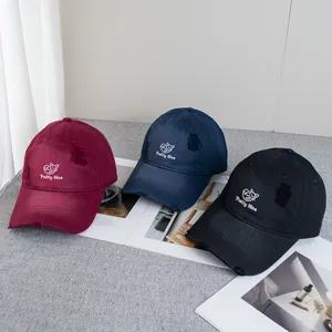 Distressed vintage baseball cap with cat embroidery in burgundy, navy and black colors