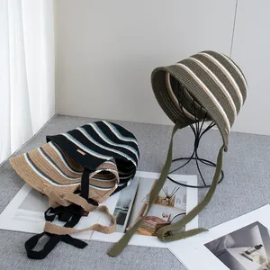 Women's vintage striped knit bucket hat with tie straps and soft textured fabric
