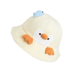 Cute cartoon penguin sun hat for kids in light yellow with a 3D small blue fish