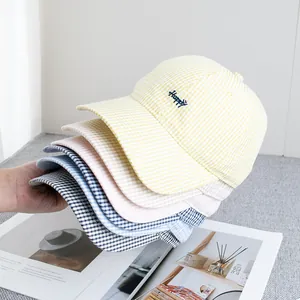 Berretto da Baseball Unisex Gingham a Quadretti con Ricamo Lettera Happy Tesa Curva Regolabile Morbido Cappello da Sole in Misto Cotone per Esterno
