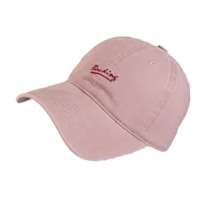 Vintage washed pink cotton baseball cap with red embroidered Backing logo on white background