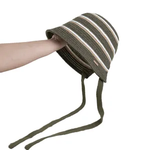 Retro striped knit bucket hat for women with adjustable ties in dark green and khaki
