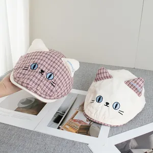 Kids Retro Plaid Cotton Newsboy Cap With 3D Cat Ears Embroidery Sweet Breathable Sun Protection Duckbill Hat For Girls Boys