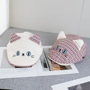 Retro plaid newsboy cap for girls with cute 3D cat ears and cat embroidery design
