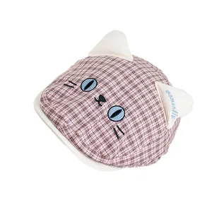 Pink plaid newsboy hat for kids with 3D cat ears and detailed feline embroidery