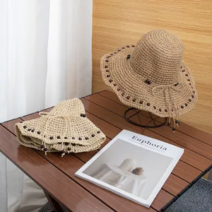 Cappello da sole in paglia pieghevole con perline e fiocco da donna protezione solare