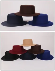 Flat top wool pork pie hats in black, navy, royal blue, wine red, coffee, and beige