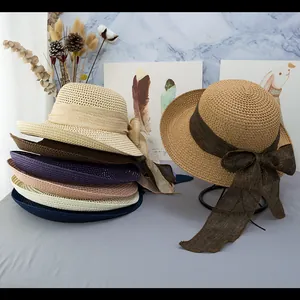 Cappello da Sole in Paglia di Carta alla Moda per Donna Con Grande Fiocco Tesa Larga Protezione UV per Vacanze al Mare