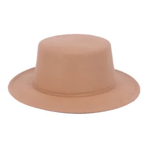 Classic camel wool felt flat top boater hat with wide brim for men and women